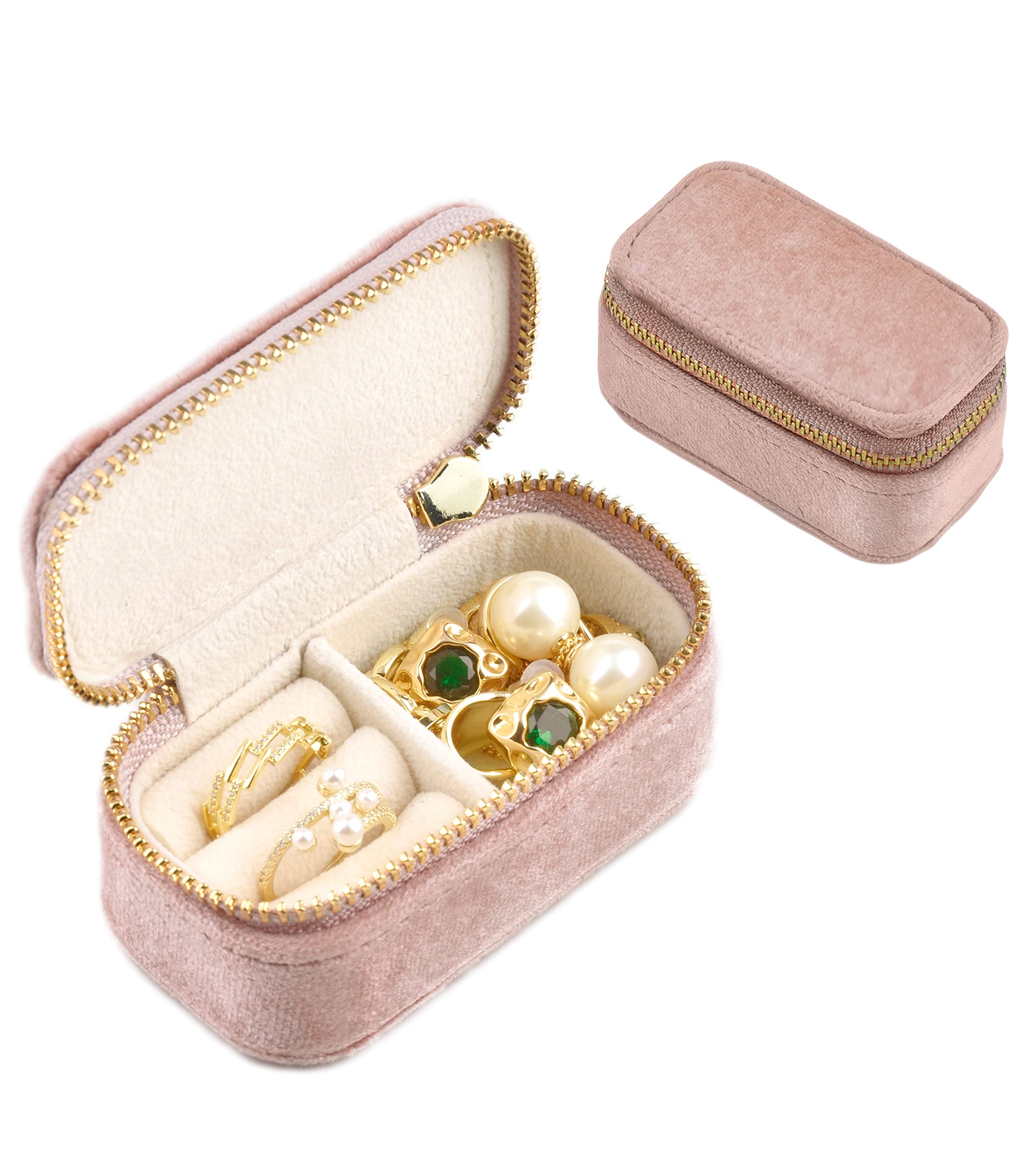 Photo 1 of TAIMY Mini Travel Jewelry Case, Velvet Small Travel Jewelry Box, Portable Jewelry Travel Organizer Box for Rings Earrings Necklaces, Gifts for Women Girls(Blush Peach)