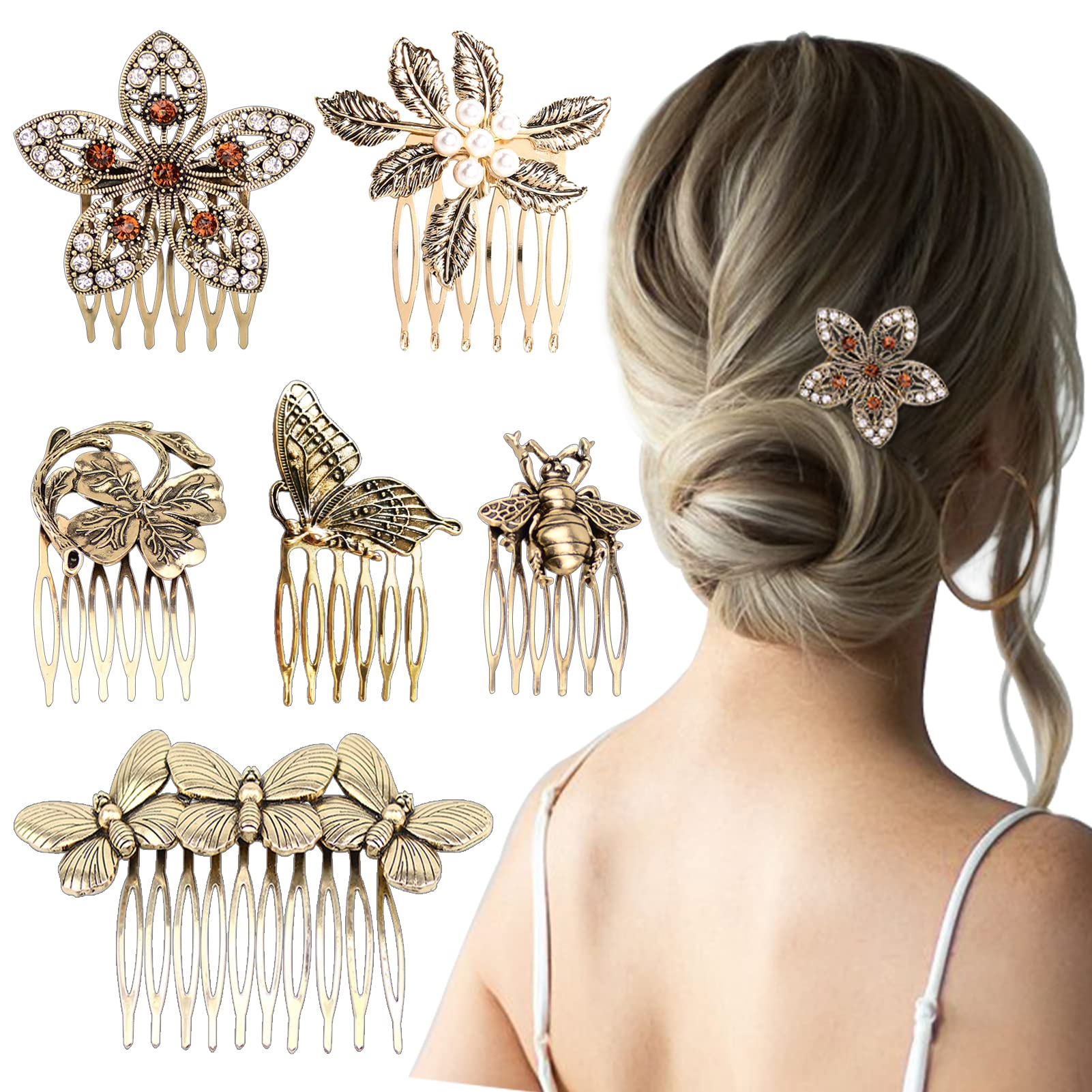 6 Pack Vintage Hair Side Combs for Women Decorative, Retro Gold Pearl Rhinestone Metal Hair Comb Clips with Teeth Grip Crystal Bridal Hair Piece Pins for Wedding Accessories
