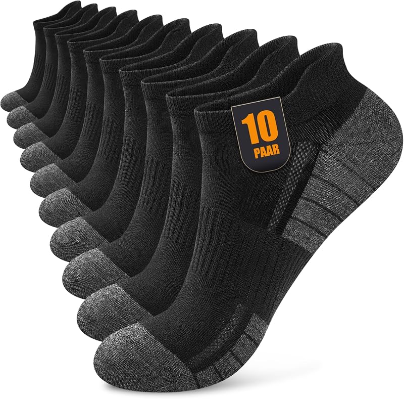 Sneaker Socken Herren Damen 10 Paar, Atmungsaktive Baumwolle Sportsocken, Kurz Halbsocken Laufsocken Schwarz 43-46