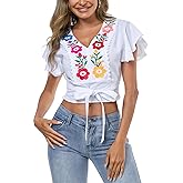 Women's V Neck Tie Front Crop Tops Summer Ruffle Short Sleeve Boho Peasant Embroidered Top Shirt Blouse