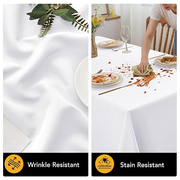 DAILYSET 10-PACK WHITE TABLECLOTHS FOR RECTANGLE TABLES, 60 X 102 INCHES, STAIN-RESISTANT POLYESTER FABRIC FOR 6 FOOT TABLES – WASHABLE TABLE COVERS FOR WEDDINGS, BANQUETS, BIRTHDAY, PARTIES, EVENTS