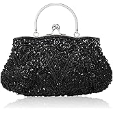 EROUGE Beaded Sequin Design Flower Evening Purse Large Clutch Bag