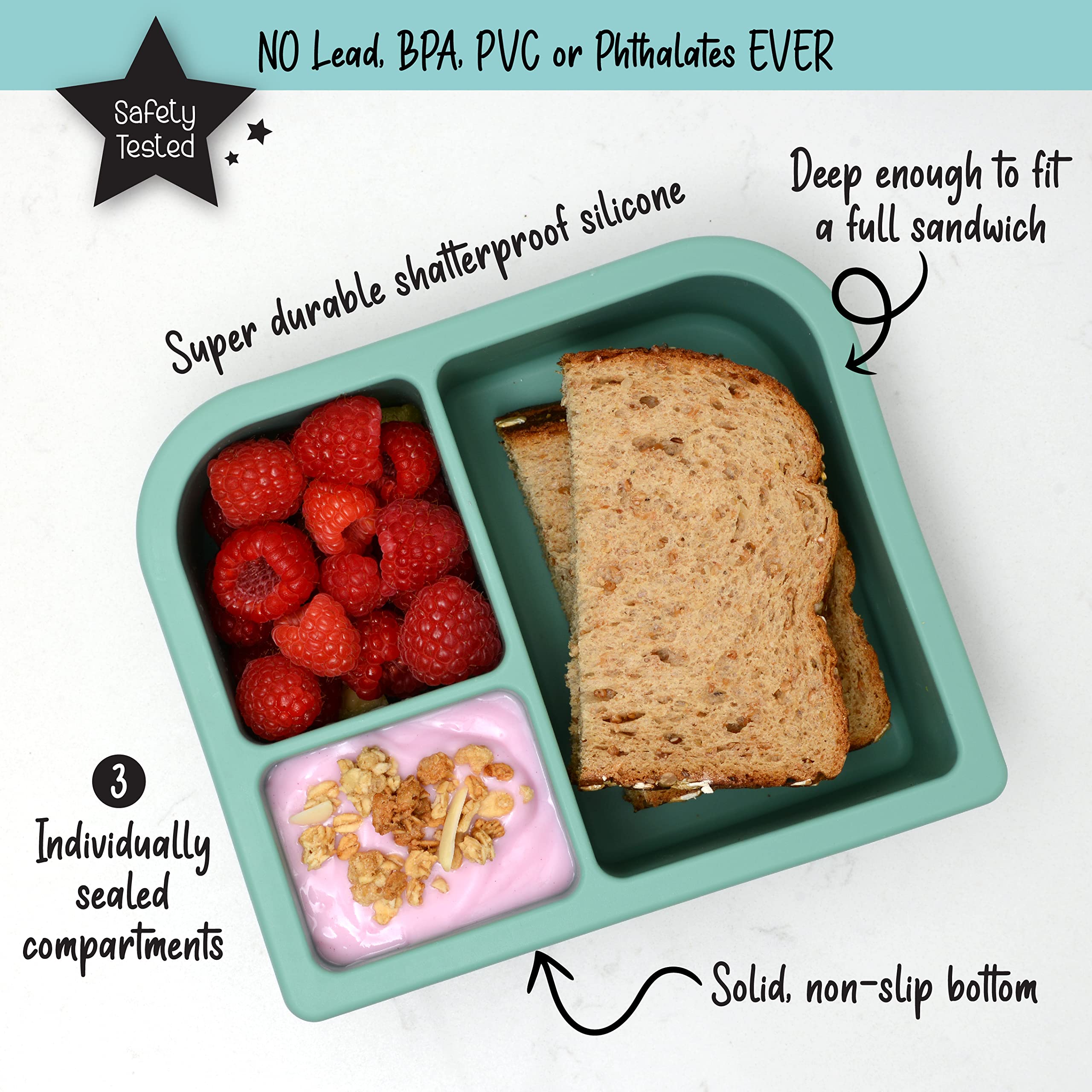 PrimaStella Unbreakable Silicone Lunch Box for Kids and Adults - Leak Proof Divided Bento Box (Green)