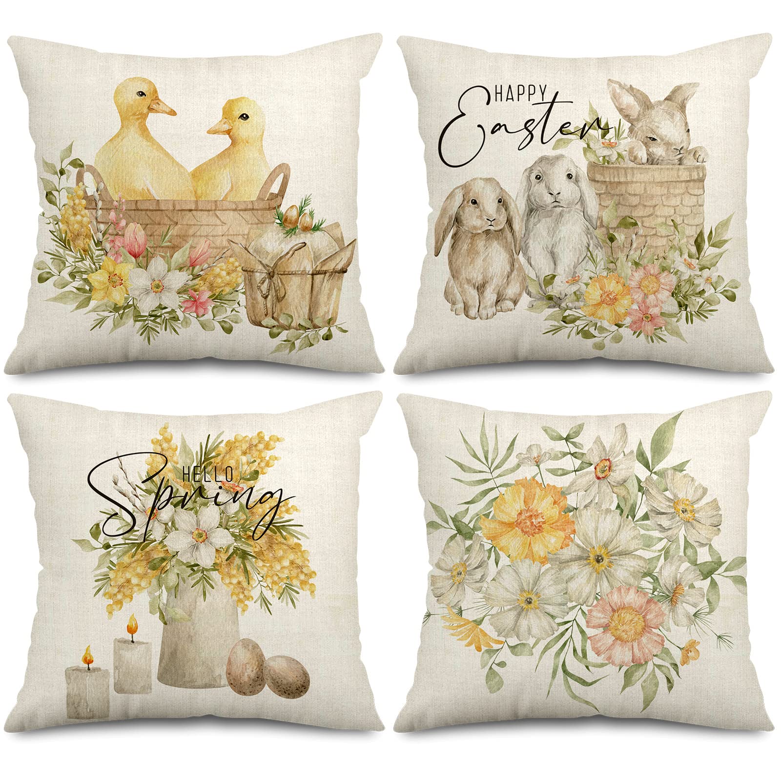 AnyDesign Pillow Covers 18 x 18 Inch Easter Spring Throw Pillow Case Set of 4 Watercolor Rabbit Bunny Duck Flower Decorative Pillow Case Spring Cushion Cover for Farmhouse Home Office Sofa Decoration
