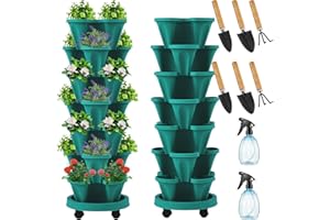 Umigy 2 Set of 7 Tier Vertical Planter Stackable Planters Tower Planters Strawberry Herb Flower and Vegetable Planter Indoor Outdoor Gardening Pots with Removable Wheels and Tools (Green,Classic)