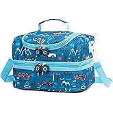 Life on track Insulated Kids Dual Compartment Lunch Bags Tote Pack for Girls Boys Toddler Kindergarten School Picnic Food Cooler Boxes with Shoulder Strap (Blue Car)