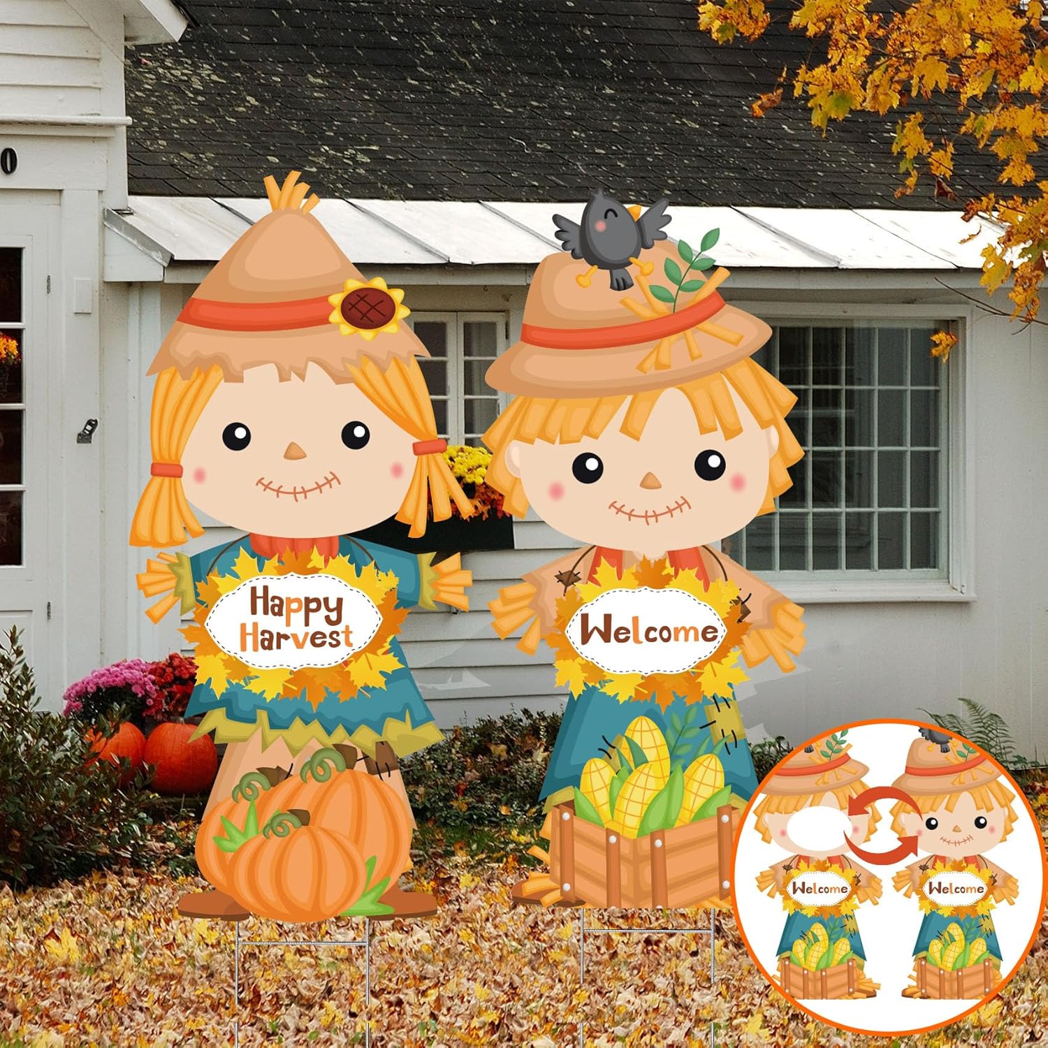 Yard Signs - Fall Scarecrow Yard decorations 32 X 15 Inch - Scarecrow yard Signs with Stakes Kids Photography Props Fall Thanksgiving Autumn Harvest Decorations for Outdoor Lawn Outside Garden Decor