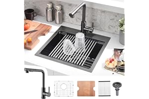 Kitead 15x17 Black Drop In Bar Sink with Faucet - 15 Inch Drop In Single Bowl Kitchen Sink and Faucet Combo Set, 9 Inch Deep Black Stainless Steel Small Bar Sinks with Accessories