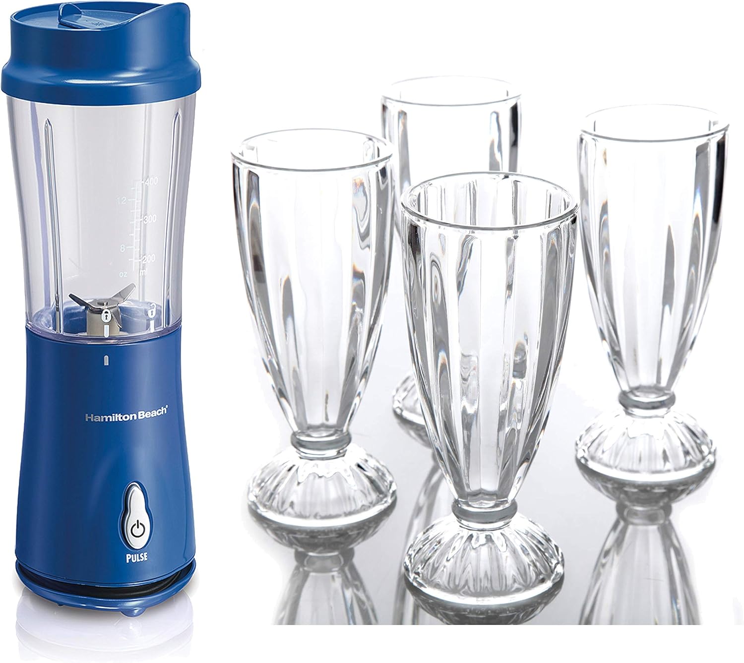 La Rosticceria Single Serve Blender, Dark Blue bundle with Spencer 4 Piece Milk Shake Glass Set