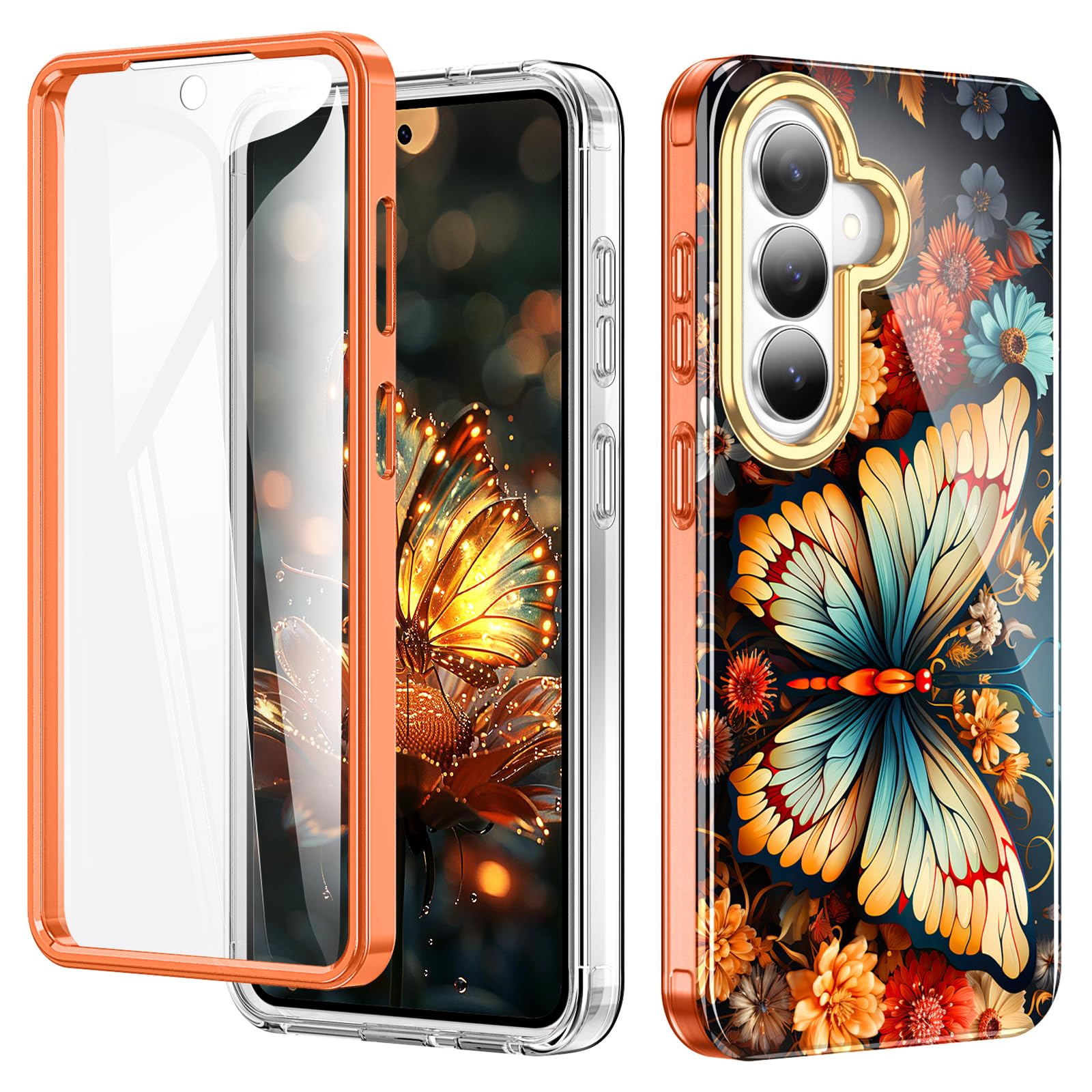Hocase for Galaxy S26 Case, (with Built-in Screen Protector) Shockproof Slim Soft TPU+Hard Plastic Full Body Protective Case for Samsung Galaxy S26 6.3" Display - Butterfly in Orange