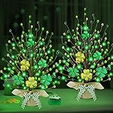 St. Patrick's Day Decorations, 2 Pack 18 Inch Lighted St. Patrick's Day Tree Tabletop 20 Green Lights Timer Battery Operated 6 Shamrocks 108 Berries Artificial Tree St. Patrick's Day Decor Home Party