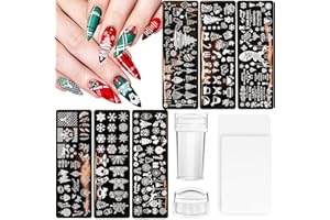 JUNEBRUSHS 10Pcs Christmas Nail Stamping Plates, 6Pcs Nail Art Templates 2 Nail Stamper 2 Scraper with Snowflakes Snowman Santa Xmas Tree Ball Elk Nail Stencils Image Plates Tools(Christmas Style)