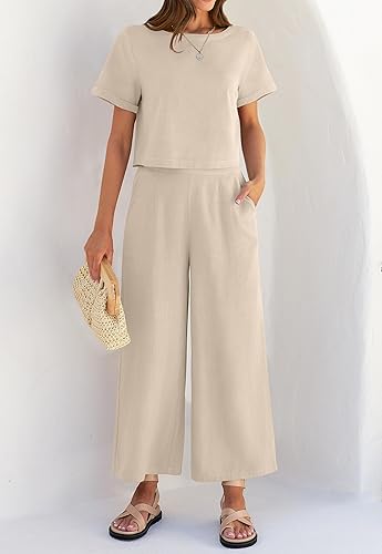 ZESICA Women's Piece Outfits Linen Short Sleeve Crop Top and