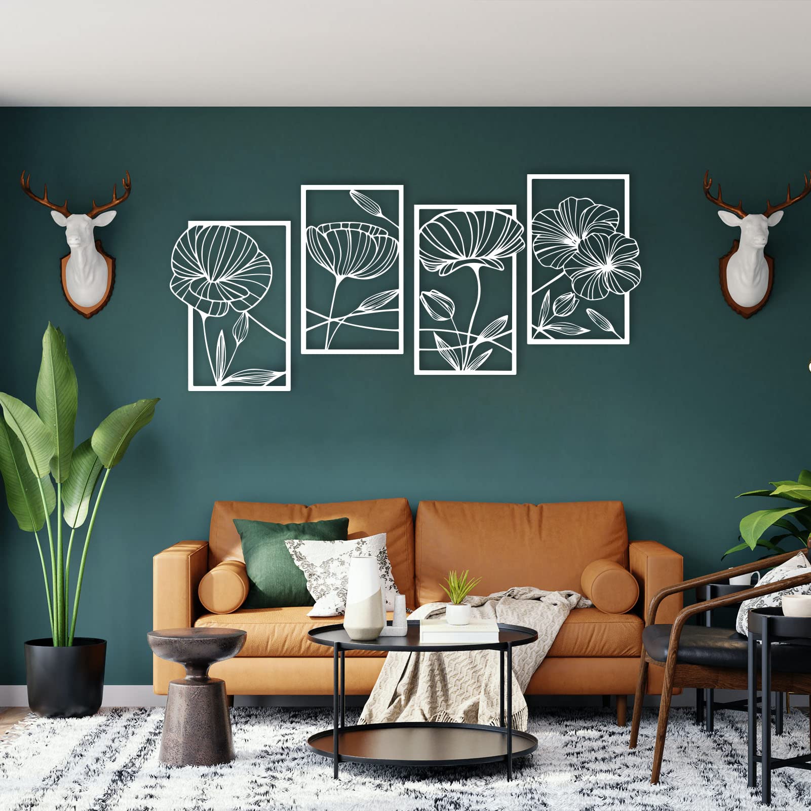 ESTART 4 Pieces Metal Lotus Wall Decor Abstract Floral Aesthetic Splicing Line Art Minimalist Wall Decor for Bedroom Flowers Hanging Wall Sculpture for Living Room Kitchen Office and Yoga Room (White)