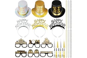 ShinyMatch 39 Pcs New Years Eve Party Supplies 2025 New Year Decorations 12 Noise Makers 3 Black Silver Gold Party Hats 6 Tiaras 6 Necklaces 6 New Year Glasses 6 Horns for New Year Favors(Eve Hat)
