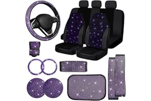 Jusen 17 Pack Bling Car Seat Covers Set Car Diamond Accessories Rhinestone Crystal Steering Wheel Cover, Bling Velvet Breathable Glitter Center Console Pad Universal Car Interio(Full Set/Purple)