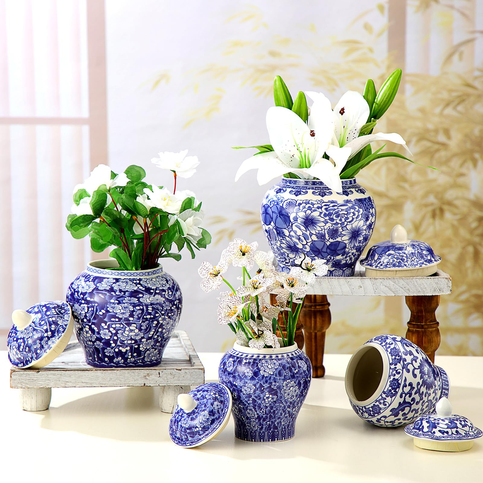 Photo 1 of Hushee Set of 4 Blue and White Porcelain Vase Chinoiserie Ginger Jar Blue Flower Vase 2 Size Ceramic Chinese Flower Decorative Bud Jars with Lid for Home Bedroom Shelf Tabletop Decor