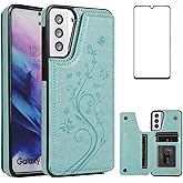 Phone Case for Samsung Galaxy S21 Plus Glaxay S21+ 5G with Tempered Glass Screen Protector Card Holder Wallet Cover Stand Flip Leather Cell Gaxaly S21+5G S21plus 21S + S 21 21+ G5 Case Women Green