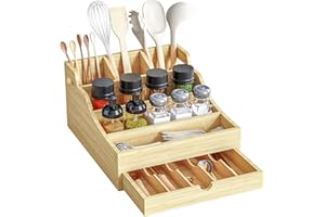 BESSIO Kitchen Utensil Holder for Counter - Extra Large Wooden Cooking Utensil Holder, Farmhouse Spatula Holder, Utensil Organizer for Countertop With Kitchen Drawers Organizer and 11 Compartments