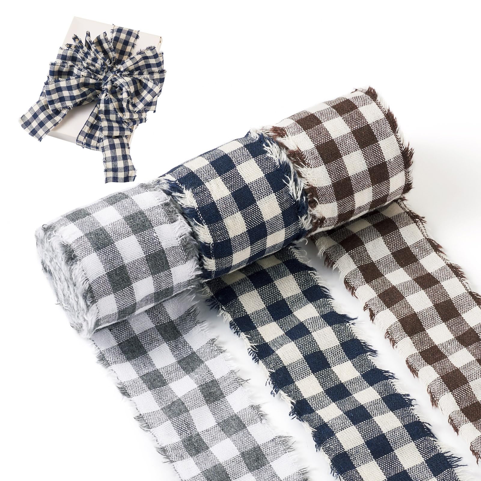 Crafans 3 Rolls Tartan Cotton Frayed Ribbon 40 mm Wide Checked Raw Edged Ribbon Black Plaid Ribbons for Garment Accessories Gift Decoration