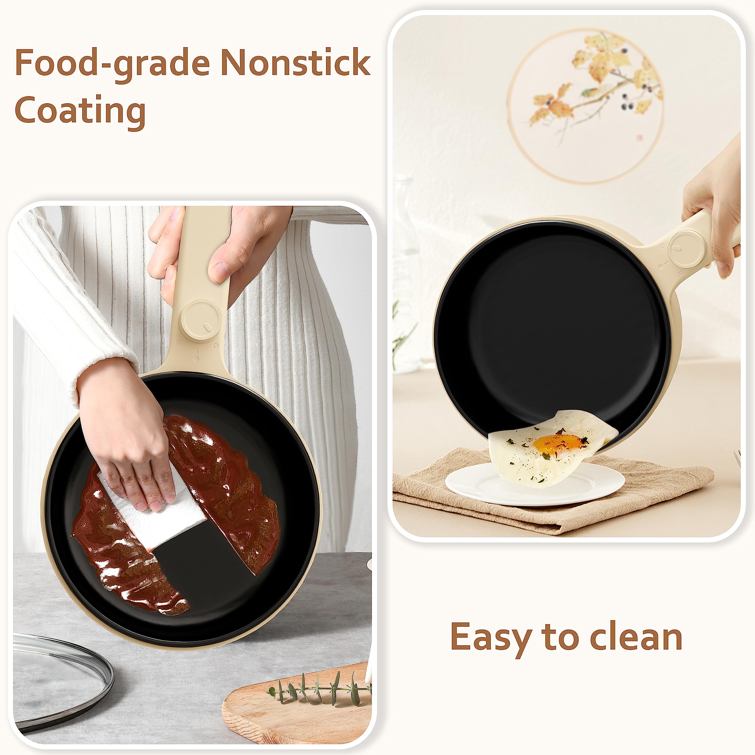 HYTRIC Hot Pot Electric, 1.5L Portable Non-stick Frying Pan, Electric Cooker for Steak, Egg, Pasta, Ramen Cooker with Dual Power Control, Mini Electric Pot for Office, Dorm Room Essential, Yellow