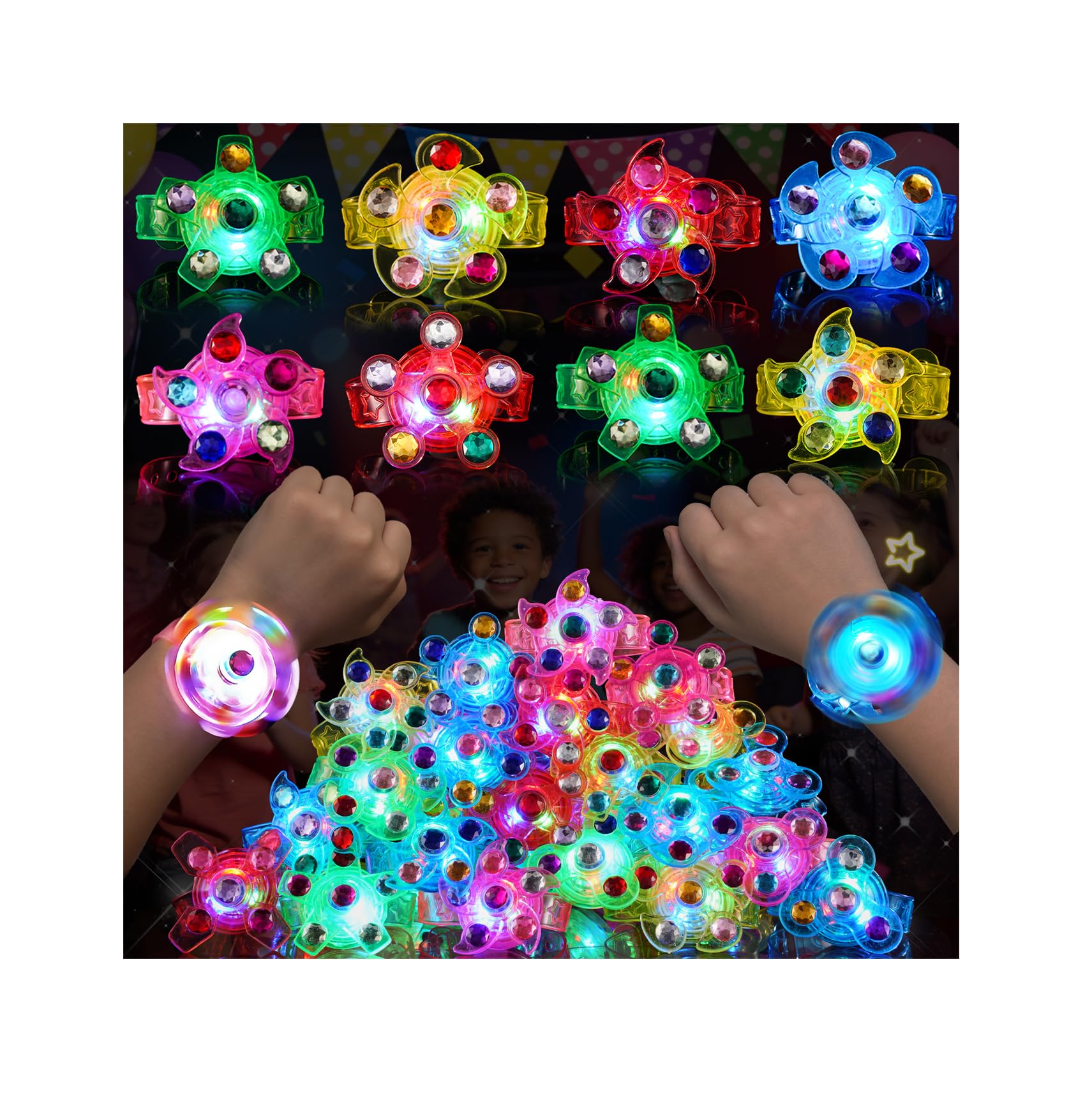48 Pack LED Fidget Spinner Bracelets - Glow in The Dark Party Favors for Kids 4-8 8-12, Bulk Classroom Treasure Box Toys, Goodie Bag Stuffers for Kids, Birthday Return Gifts, Carnival Prize Image