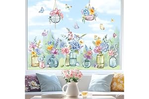 decalmile Spring Summer Potted Flowers Vase Window Clings Double Sided Blue Purple Wildflower Butterflies Window Decals Anti-