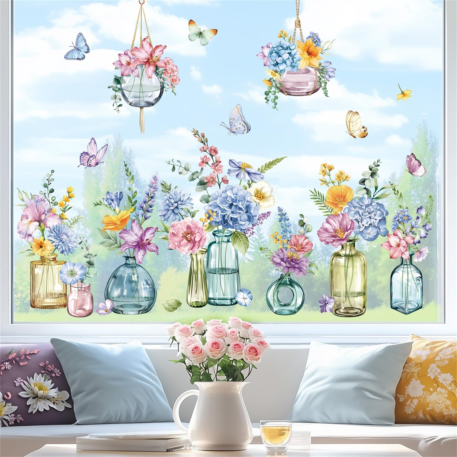 decalmile Spring Summer Potted Flowers Vase Window Clings Double Sided Blue Purple Wildflower Butterflies Window Decals Anti-Collision Glass Window Doors Window Stickers