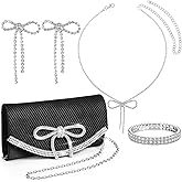 Abbylike 4 Pcs Rhinestone Evening Clutch Bag Set with Bow Dangle Earrings Necklace and Bracelet Glitter Purse for Women Prom