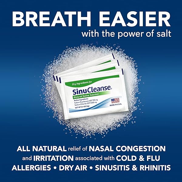 SINUCLEANSE PRE-MIXED SALINE PACKETS FOR SINUS RINSE AND NASAL IRRIGATION SYSTEMS, 100 COUNT, MADE IN USA, ALL-NATURAL, PHARMACEUTICAL GRADE AND PH BALANCED