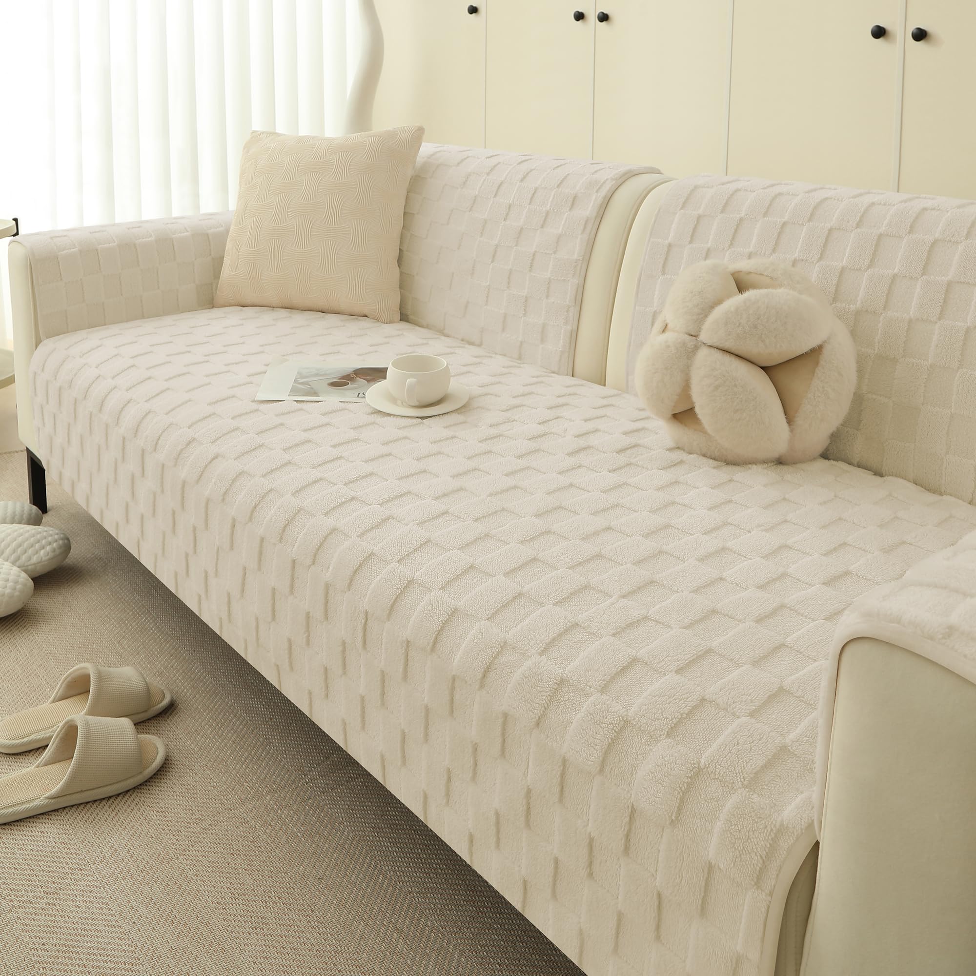 Photo 1 of *INCOMPLETE** Foxdecor Couch Covers for 2 Cushion Couch Sofa Pet Friendly, Funny Fuzzy Pet Couch Covers, Anti Slip Sofa Covers Dog Cover for Couch Protector. (Cream White, 30x70 inch)