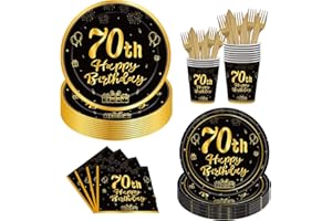 Poqirzan 144PCS 70th Birthday Party Supplies Black and Gold 70 Years Birthday Plates and Napkins Tableware Set 70th Party Dec