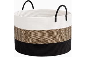 HiChen Large Woven Rope Basket With Handles, Blanket Basket Living Room, Baby Toy Nursery Storage Basket, Large Round Laundry Basket, 21.7 x 13.8 inches, 83L