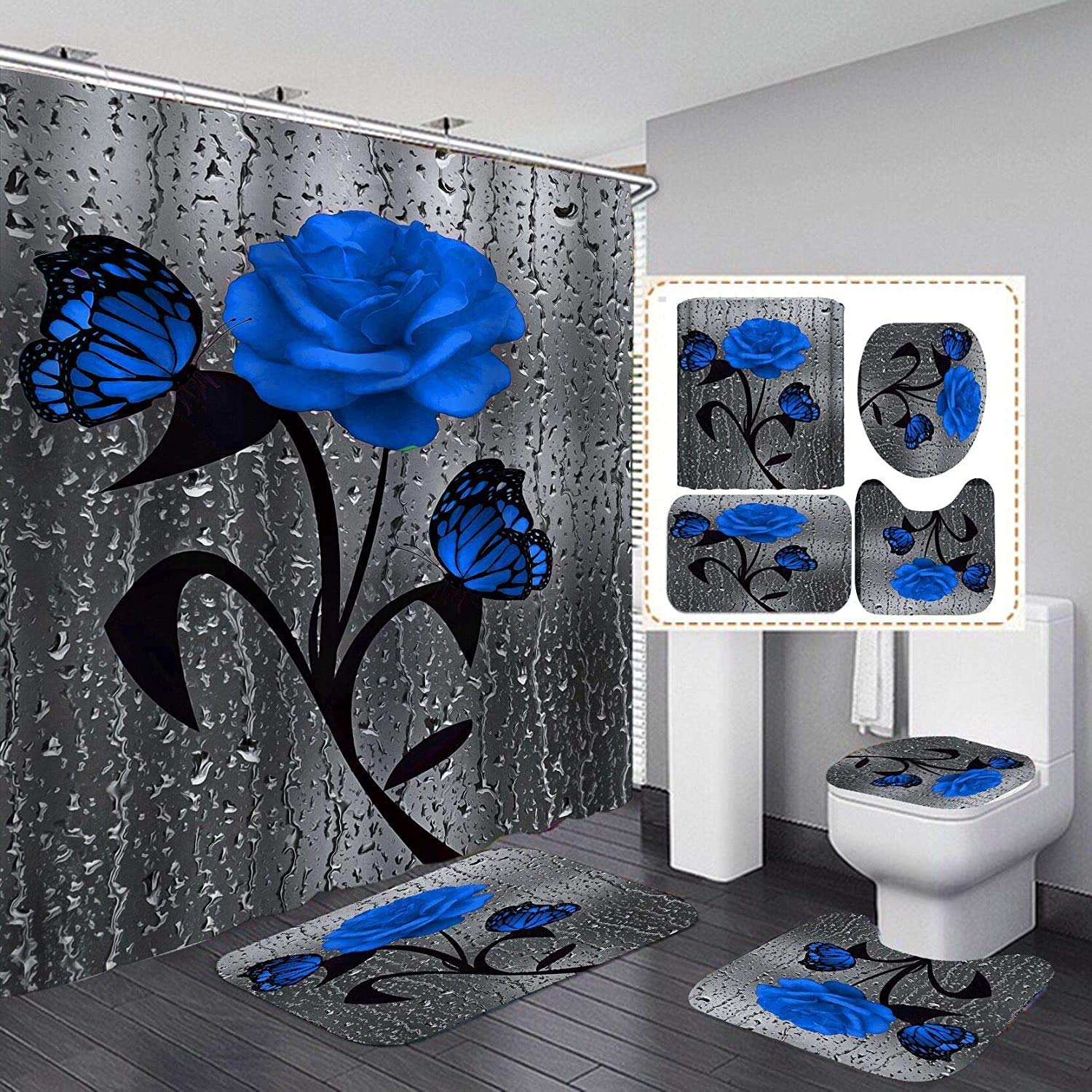 JIANGLANY Blue Rose and Butterfly Floral Pattern 3D Shower Curtain Set 4 Pieces for Bathroom Decor Fabric Curtain with Rugs and Bath Mat Accessories 1