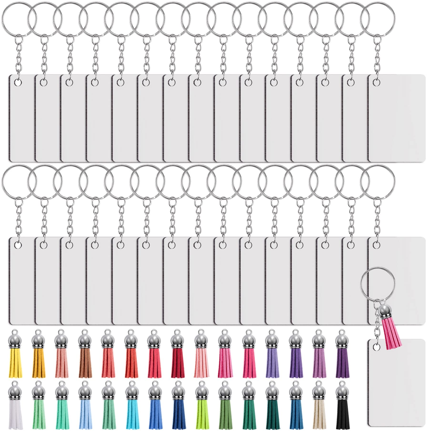 Duufin 120 Pcs Sublimation Keyring Blanks Tassels Set with Rectangle Heat Transfer MDF Blanks Tassels Keyring with Chain Jump Ring for Craft DIY Keychain, Double-Sided