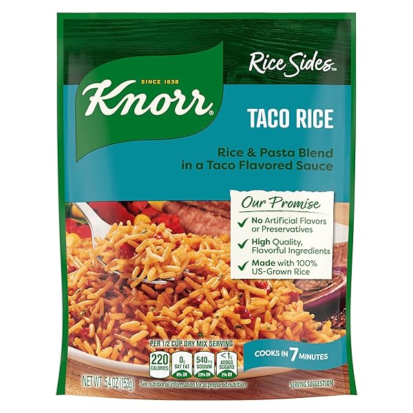 KNORR RICE SIDES TACO RICE FOR A TASTY RICE SIDE DISH NO ARTIFICIAL FLAVORS OR PRESERVATIVES, NO ADDED MSG 5.4 OZ
