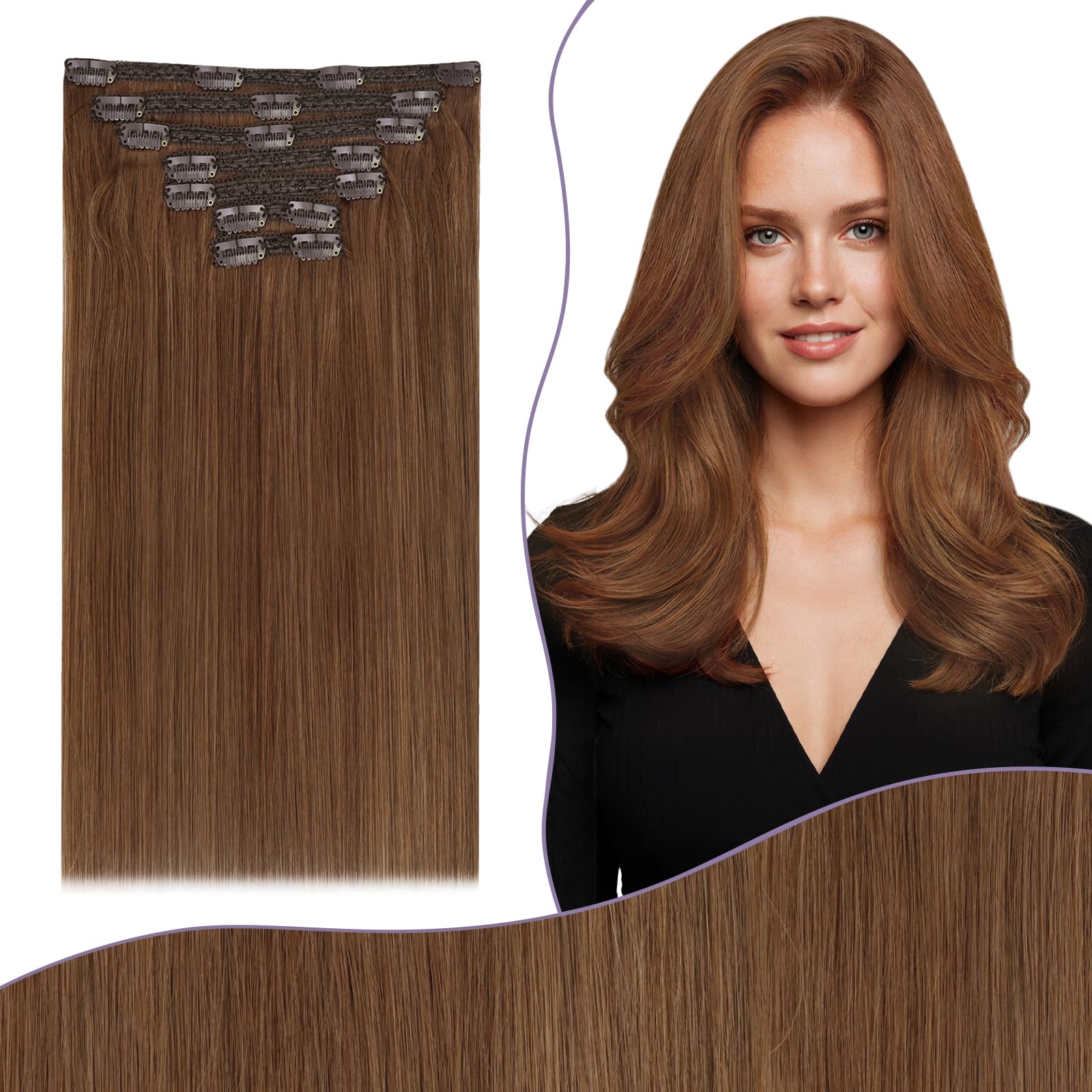 Fshine Clip in Hair Extensions Real Human Hair Red Brown 18 Inch Real Hair Extensions Clip in Long Straight Hair Clip in Extensions Red Double Weft 135g 7Pcs โ image 1