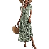HUHOT Women's Short Sleeve Wrap V Neck Dresses for Wedding Guest Summer Floral Maxi Sundresses with Pockets Boho Dress