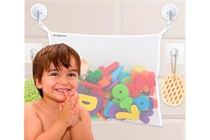 SLONSER Bath Toy Net 18x16 Inch Kids Bath Tub Toy Holder, Corner Mesh Bag, Baby Bathtub Storage Organizer, Large Bathroom Bucket Bin, Toddler Shower Caddy Hanging Basket, 2 Suction Cups 2 Adhesive Wall Hooks