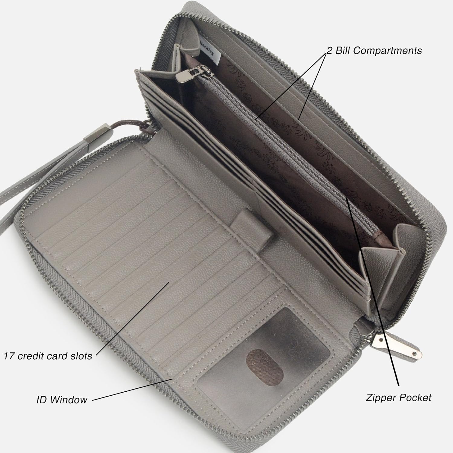 RFID Blocking Purses for Women Real Leather Zip Around Large Travel Mobile Phone Ladies Long Money Purses Wallet, 17 Card Slots(Grey) - Image 4
