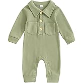 Lesimsam Newborn Baby Boy Waffle Knit Collared Romper Jumpsuit Solid Button Long Sleeve Bodysuit One-Piece Fall Winter Outfit