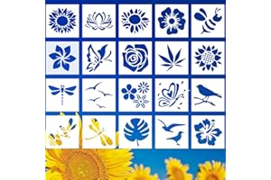 RESFLYAR 20 PCS 6 Inch Flower Painting Stencils, Sunflower Bee Reusable Plastic Paint Templates, Rose Butterfly Birds Stencils Set for Painting on Wood Rock Canvas Fabric Glass Art Pottery DIY Craft Decor