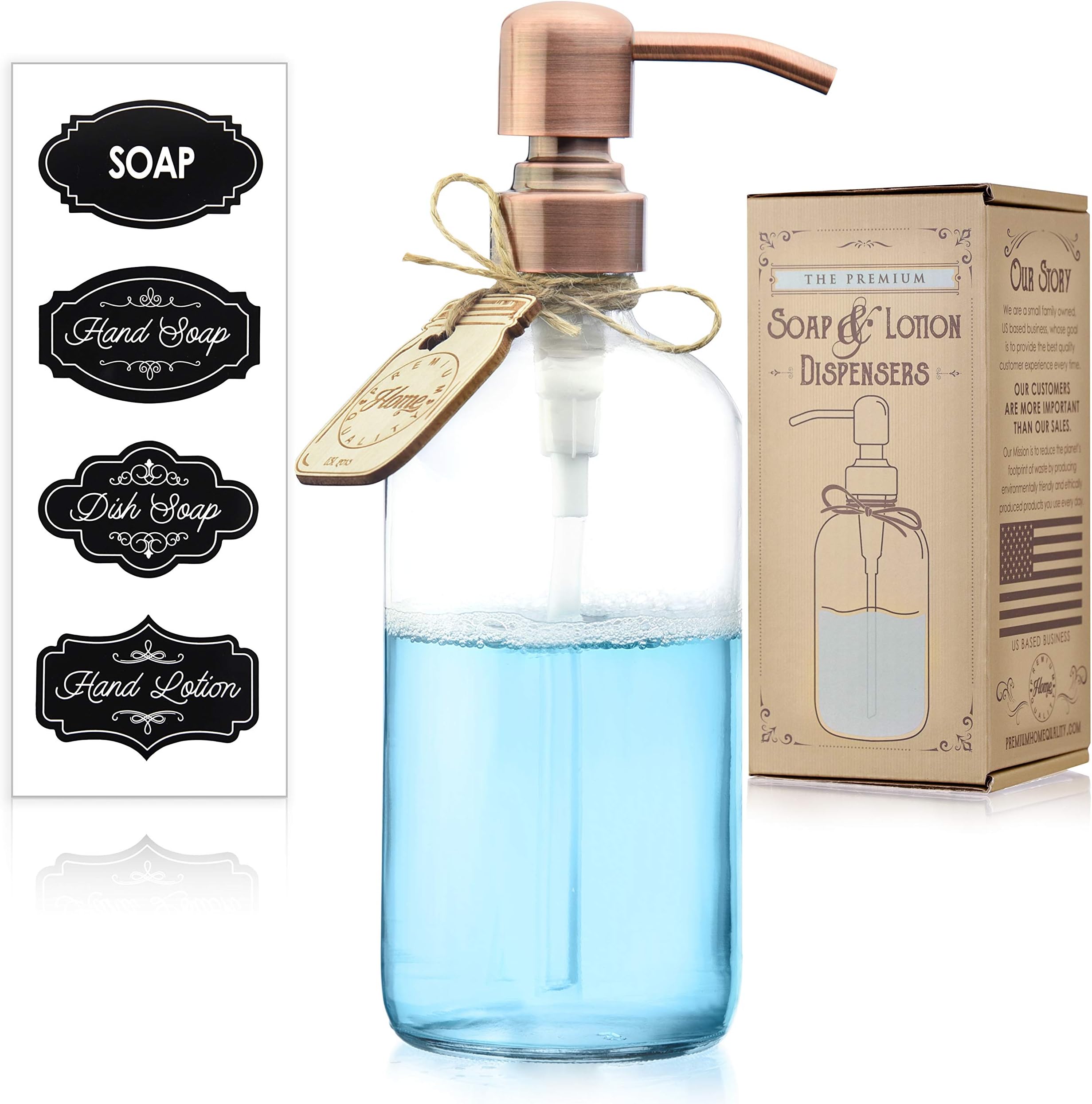 Clear Glass Dish Soap Dispenser for Kitchen Countertop - Liquid Hand Soap Dispenser for Bathroom - Perfect for Lotion, Oils, Mouthwash (Rustproof Copper Pump, 16 Ounces)