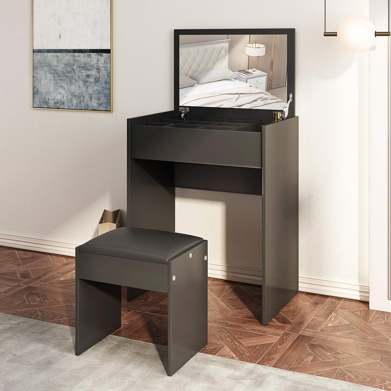 JAXSUNNY Makeup Vanity Table Set with Flip up Mirror Top, Cushioned Stool and Partitioned Storage,Bedroom Furniture,for Women & Girls,Black