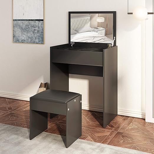 Amazon Com Jaxsunny Makeup Vanity Table Set With Flip Up Mirror Top Cushioned Stool And Partitioned Storage Bedroom Furniture For Women Girls Black Kitchen Dining