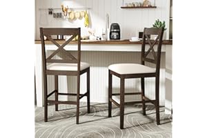 Giantex 24" Farmhouse Bar Stools Set of 2, Cross Back Counter Height Chairs with Padded Linen Upholstered Seat & Footrest, Wo