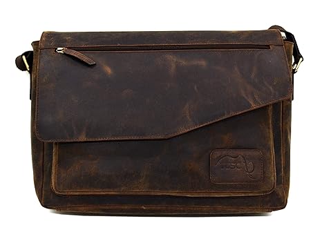 TUSC Triton Braun Leder Tasche Laptoptasche bis 17 Zoll Herren Umhängetasche Aktentasche Schultertasche für Büro Notebook Mes