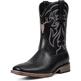 Rvminyta Cowboy Boots for Men Square Toe Western Boots Retro Classic Embroidered Pull On Boot