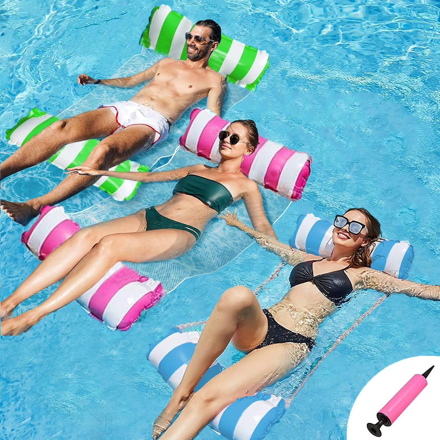 3 Pack Pool Float Water Hammock,Inflatable Swimming Pool Float Hammock for Adults, 4-in-1Multi-Purpose Water Floating Chair Bed Raft Recliner Float Lounger Float Hammock with Infloator Pump Blue+green