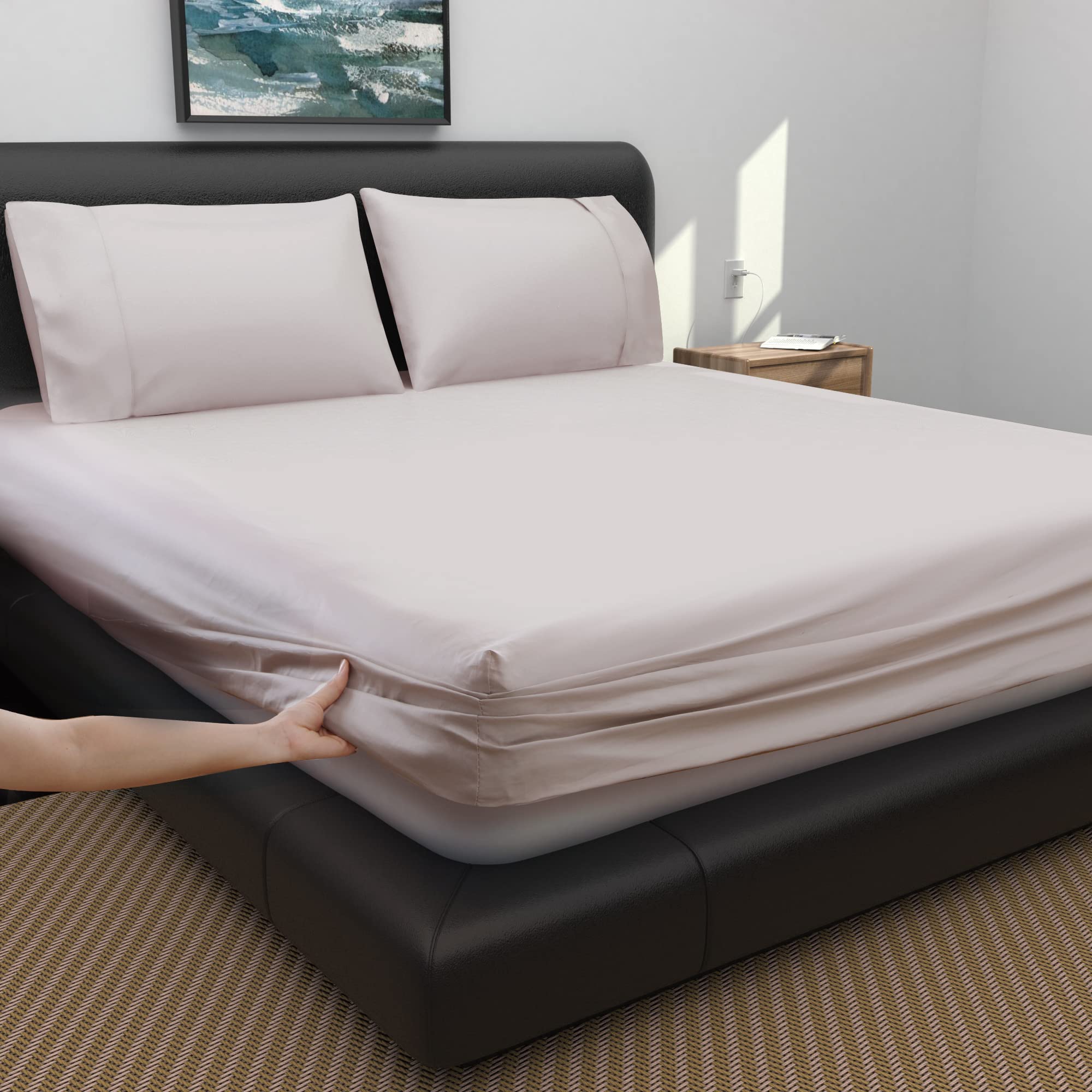 Photo 1 of 100% Egyptian Cotton Fitted Sheet, 18" Deep Pocket & 600 Thread Count Breathable Bottom Sheet (1 Fitted Sheet Only, Light Beige, Cal King)